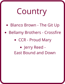 Country •	Blanco Brown - The Git Up •	Bellamy Brothers - Crossfire •	CCR - Proud Mary •	Jerry Reed - East Bound and Down