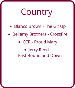 Country •	Blanco Brown - The Git Up •	Bellamy Brothers - Crossfire •	CCR - Proud Mary •	Jerry Reed - East Bound and Down